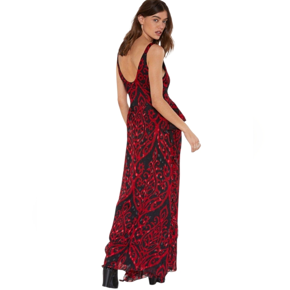 Nasty Gal Nwt Grand Entrance Red/Black Jacquard Ruffled Flowy V Neck Maxi Dress - Picture 10 of 17